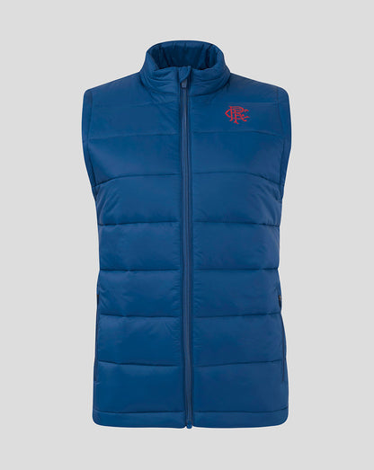 Front view of navy Rangers Women Core Fan Gilet with funnel neck and full length zip and crest on chest.