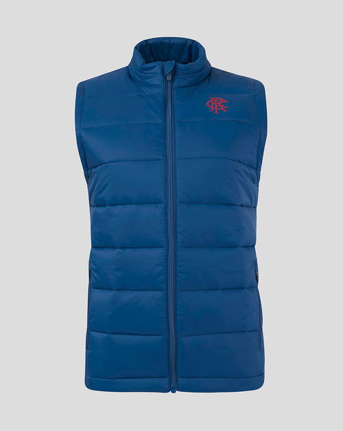 Front view of navy Rangers Women Core Fan Gilet with funnel neck and full length zip and crest on chest.