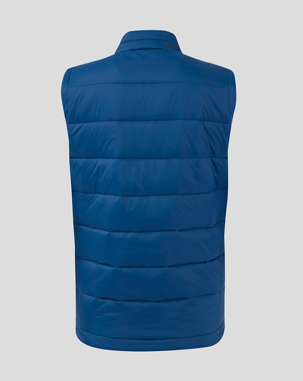 Back view of navy sleeveless quilted gilet with horizontal panels and rounded hem.