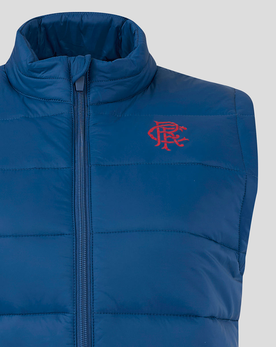Close-up of navy Rangers Women Core Fan Gilet front showing zip closure and Rangers crest on chest.