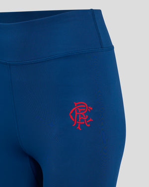 Close up of navy Rangers FC Core Leggings showing deep waistband and left thigh crest.