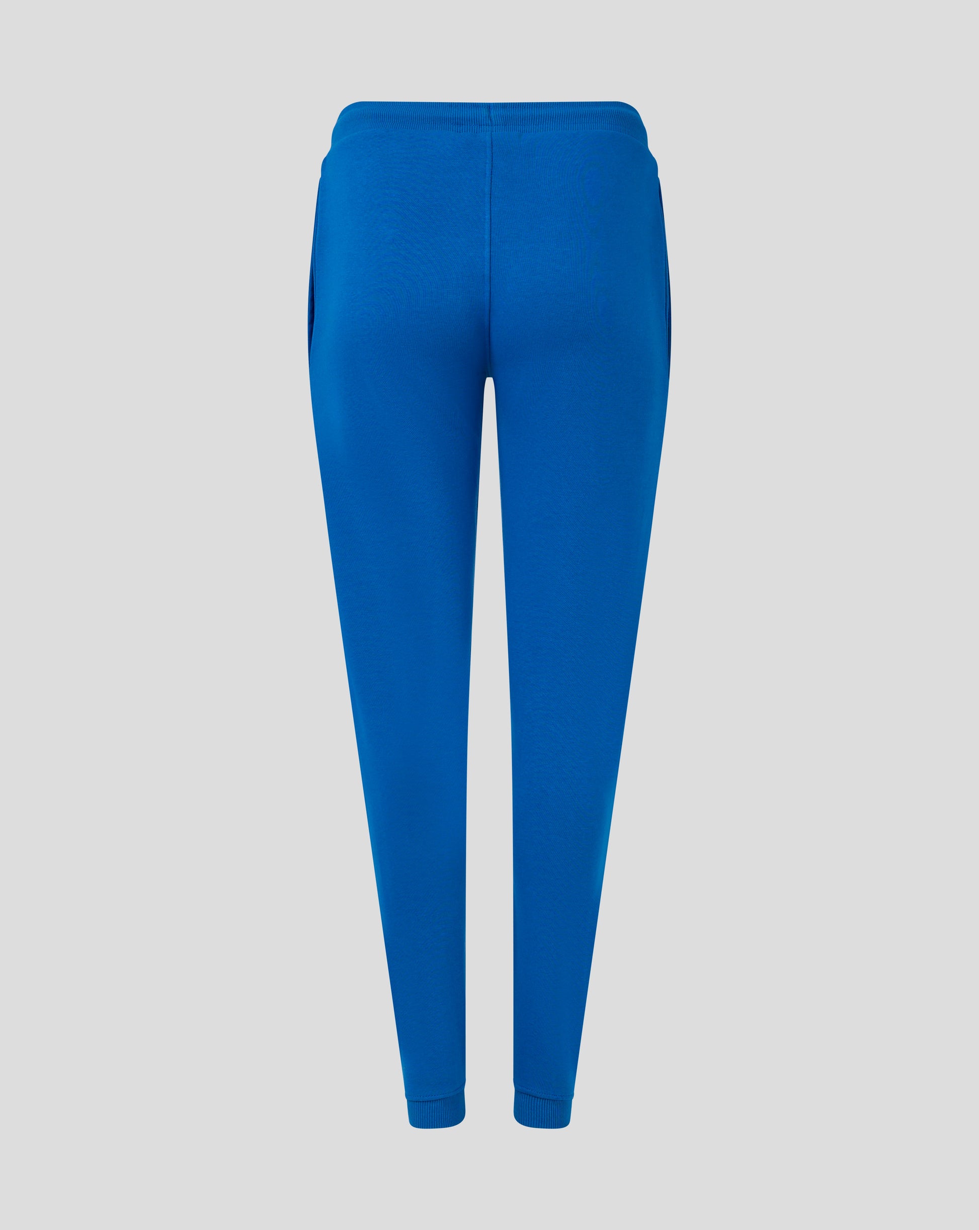 Rear view of blue Rangers Women's Core Joggers with smooth fabric from waist to ribbed ankle cuffs