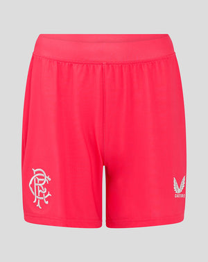 Bright pink Rangers Women Away Goalkeeper Shorts featuring white crest on one leg and Castore logo on the other
