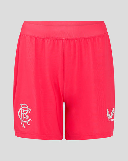 Bright pink Rangers Women Away Goalkeeper Shorts featuring white crest on one leg and Castore logo on the other