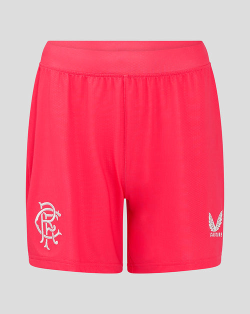 Bright pink Rangers Women Away Goalkeeper Shorts featuring white crest on one leg and Castore logo on the other