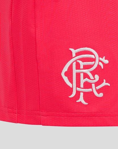 Close up of the white Rangers crest embroidery on the pink goalkeeper shorts
