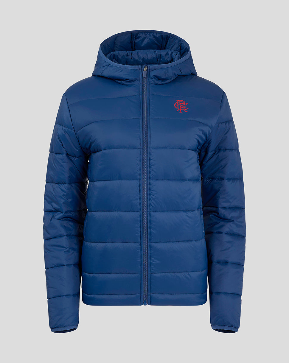 Front view of navy Rangers FC Women's Core Puffer Jacket with hood and crest