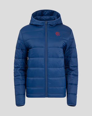 Front view of navy Rangers FC Women's Core Puffer Jacket with hood and crest