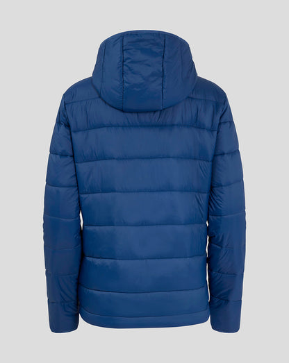 Back view of navy Rangers Women Core Fan Puffer Jacket with hood and horizontal baffle quilting.