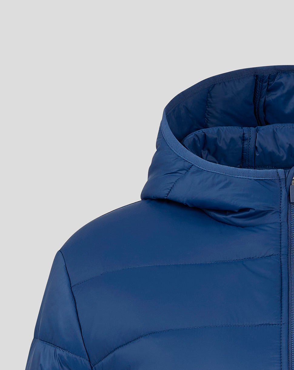 Hooded section of navy Rangers puffer jacket with high collar and quilted stitching