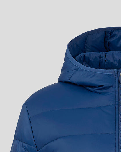 Hooded section of navy Rangers puffer jacket with high collar and quilted stitching