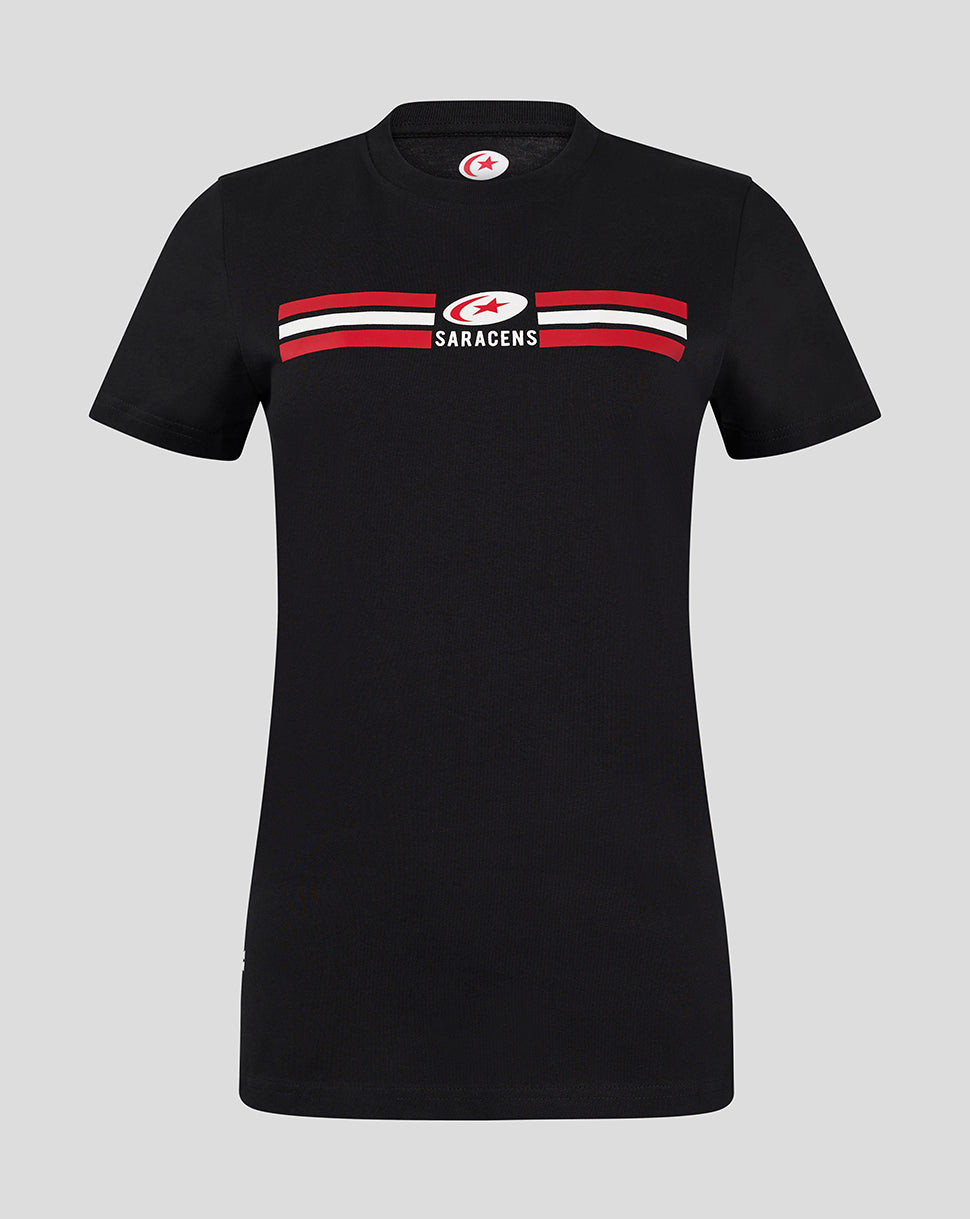 Black Saracens Classic Cotton Tee with crest and red white stripes across the chest.