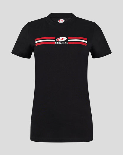 Black Saracens Classic Cotton Tee with crest and red white stripes across the chest.