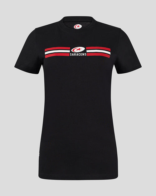 Black Saracens Classic Cotton Tee with crest and red white stripes across the chest.