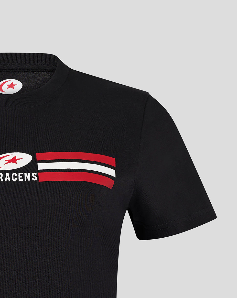 Front close up of black Saracens tee with red white stripe graphic across the chest.