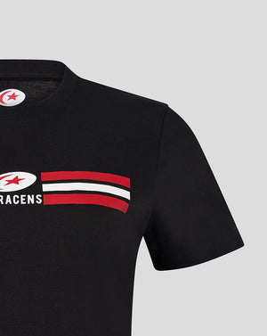 Front close up of black Saracens tee with red white stripe graphic across the chest.