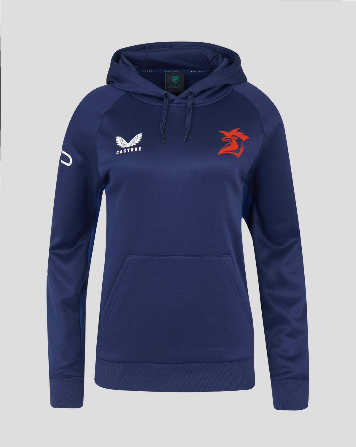 Navy Sydney Roosters 2025 women's pro players hoodie with white Castore logo and red rooster crest on the chest