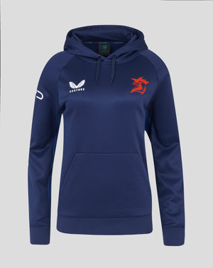 Navy Sydney Roosters 2025 women's pro players hoodie with white Castore logo and red rooster crest on the chest