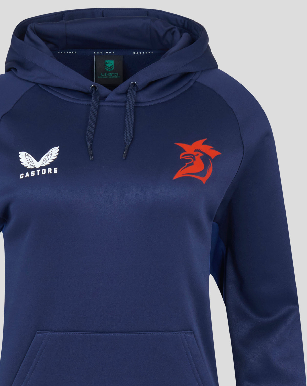 Sydney Roosters 2025 Women's Pro Players Hoodie navy with white Castore wing logo on left chest and red rooster crest on right