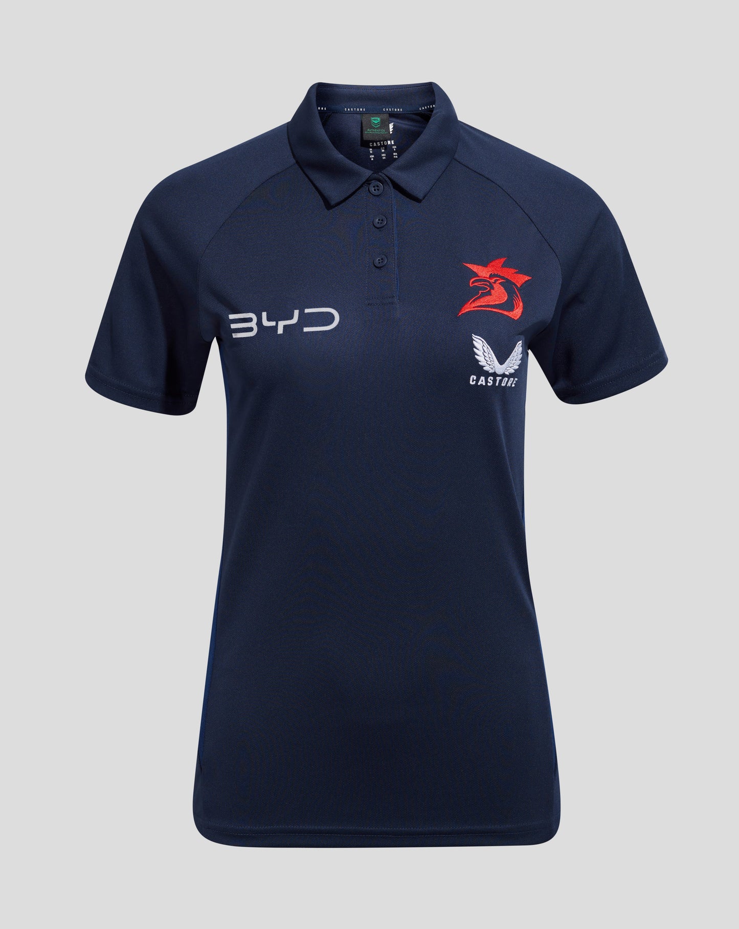 Navy polo with red rooster crest on the chest and BYD logo on the opposite side