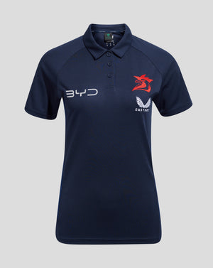 Navy polo with red rooster crest on the chest and BYD logo on the opposite side