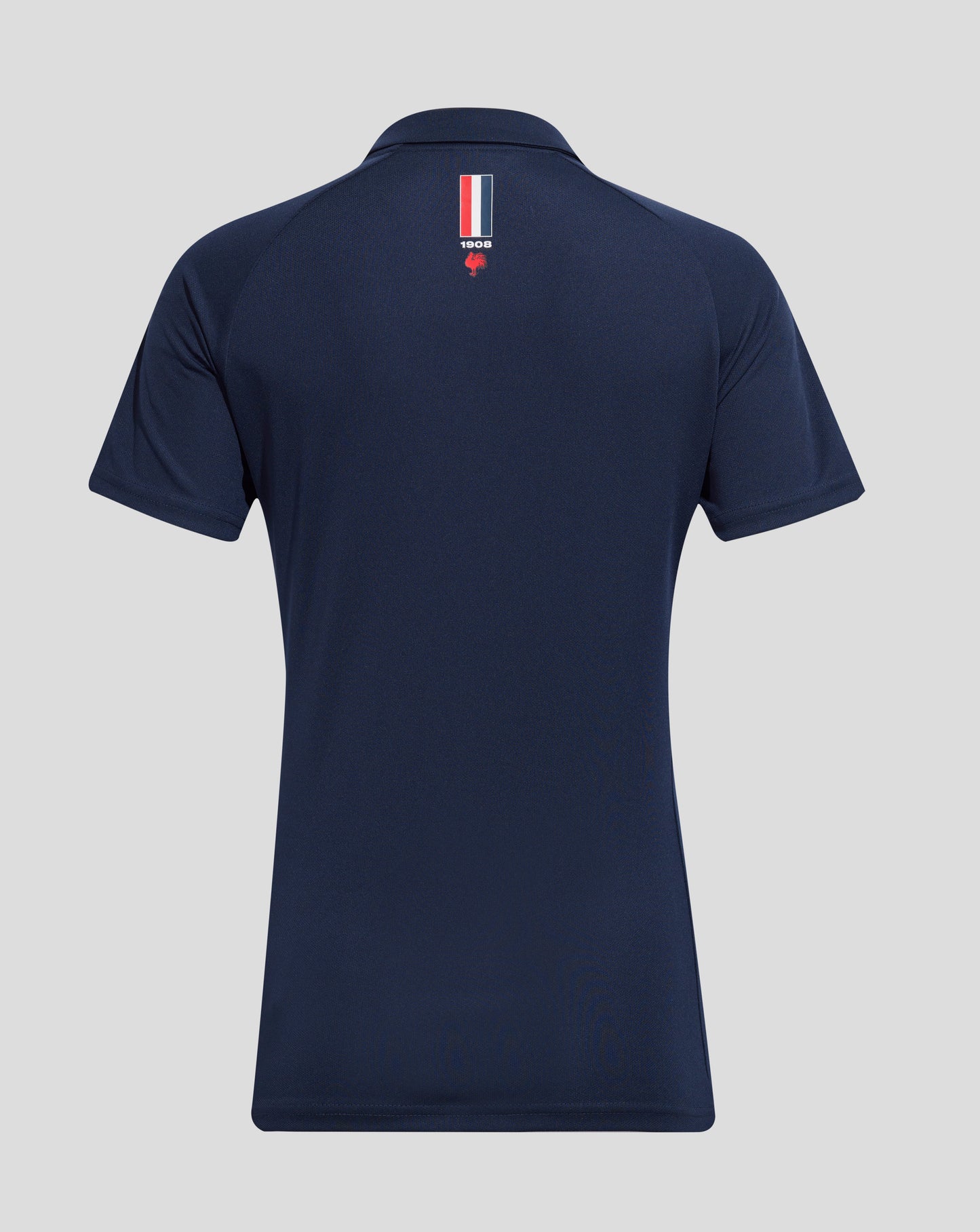 Back view of navy Sydney Roosters polo with a small vertical tri color badge and a red rooster emblem.