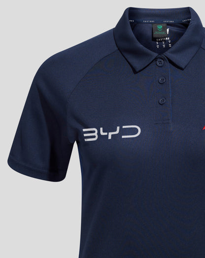 Collar close up of navy polo with a three button placket and Castore branding visible on the neck tape.