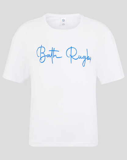 White Bath Rugby women's short pajama top with blue Bath Rugby script across the front.