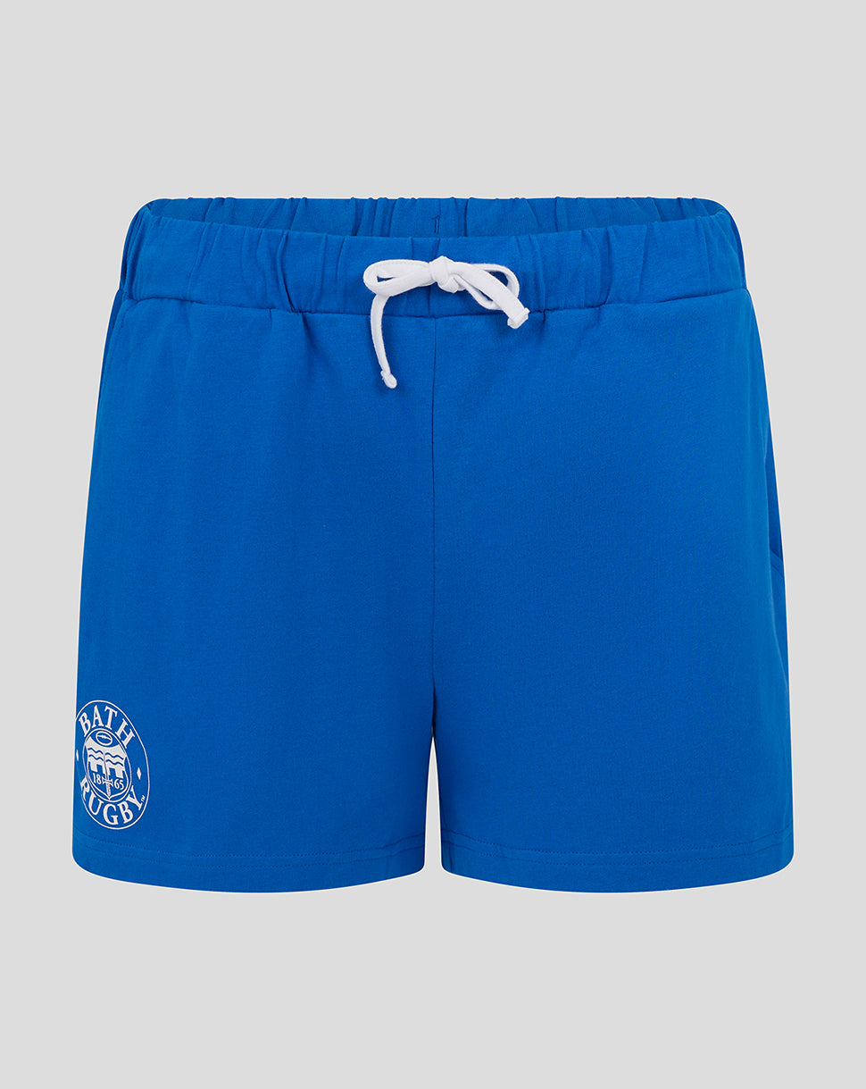 Blue Bath Rugby women's short pajama shorts with white drawstring and Bath Rugby crest on the left leg.