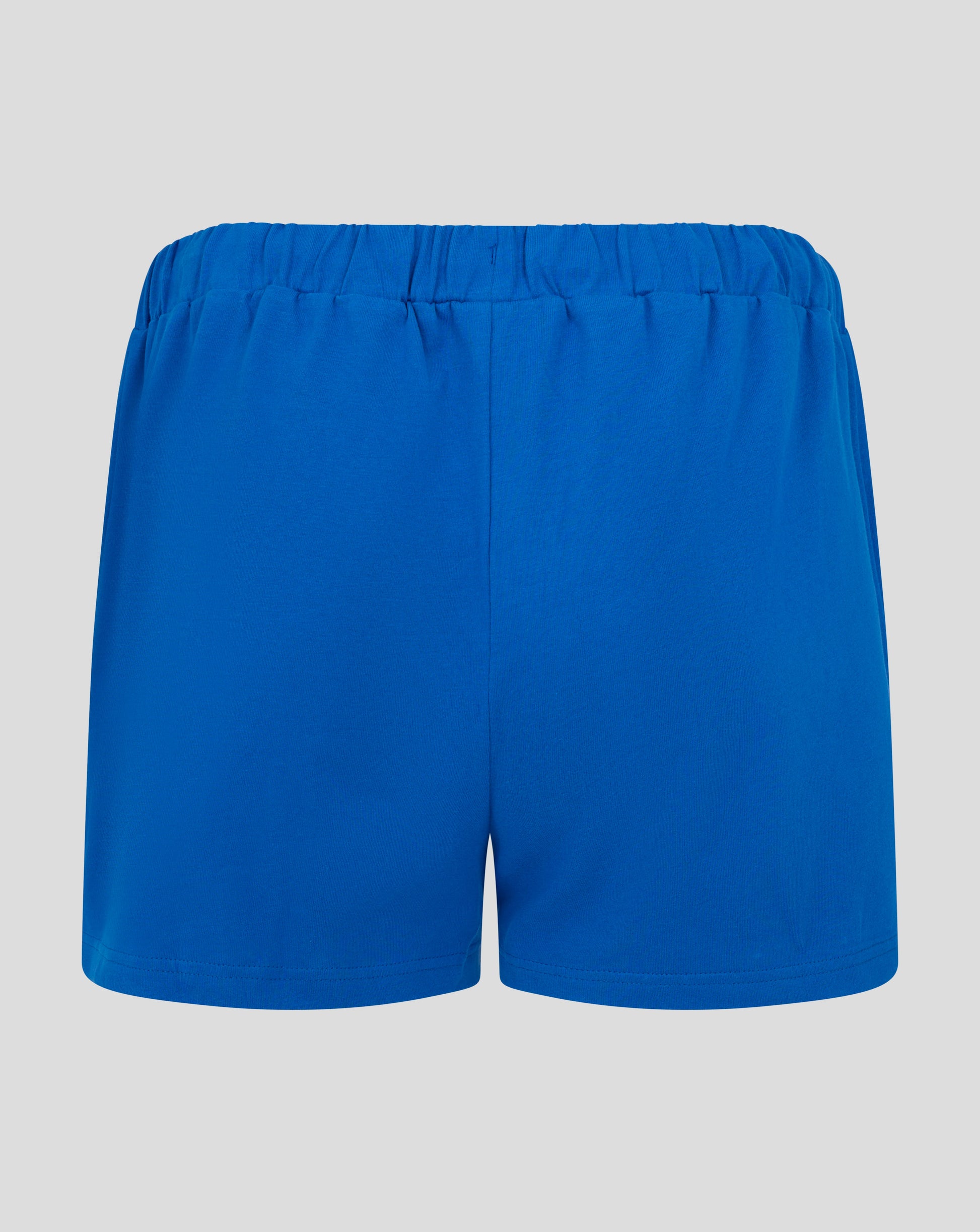 Back view of blue Bath Rugby shorts showing elastic waistband.