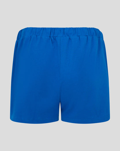 Back view of blue Bath Rugby shorts showing elastic waistband.