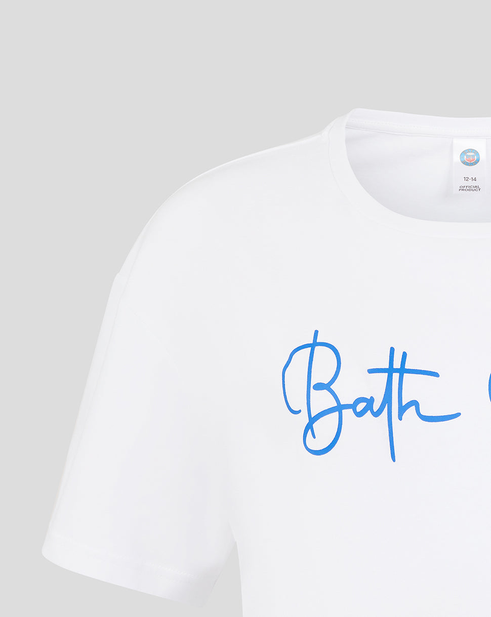 White Bath Rugby T shirt featuring a blue script Bath logo across the chest.
