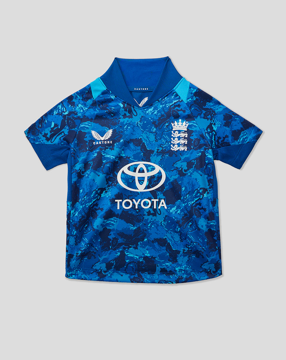 Infant version of England ODI Short Sleeve Shirt in blue camouflage with England crest on the chest and Toyota logo across the front.