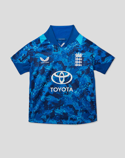 Infant version of England ODI Short Sleeve Shirt in blue camouflage with England crest on the chest and Toyota logo across the front.