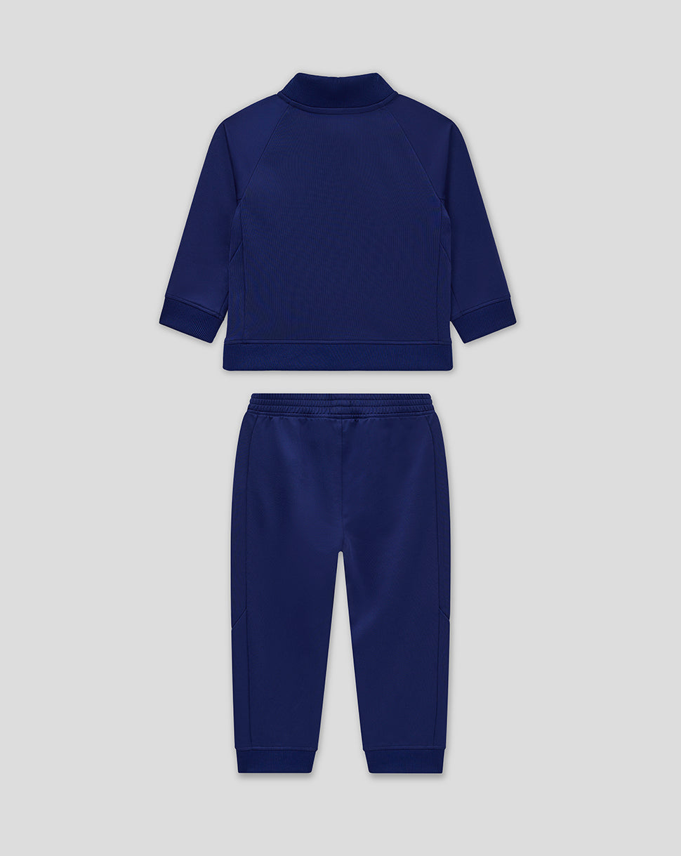 Navy Preston infant training knit suit with matching top and pants shown flat