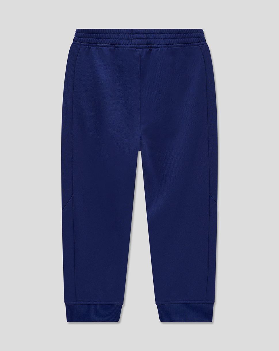 Back view of navy infant training knit pants with elastic waistband and ribbed cuffs