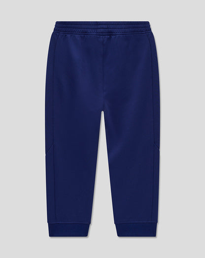 Back view of navy infant training knit pants with elastic waistband and ribbed cuffs