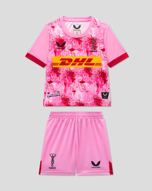 Harlequins Infant Away Kit set with pink splatter shirt and matching shorts featuring DHL sponsor