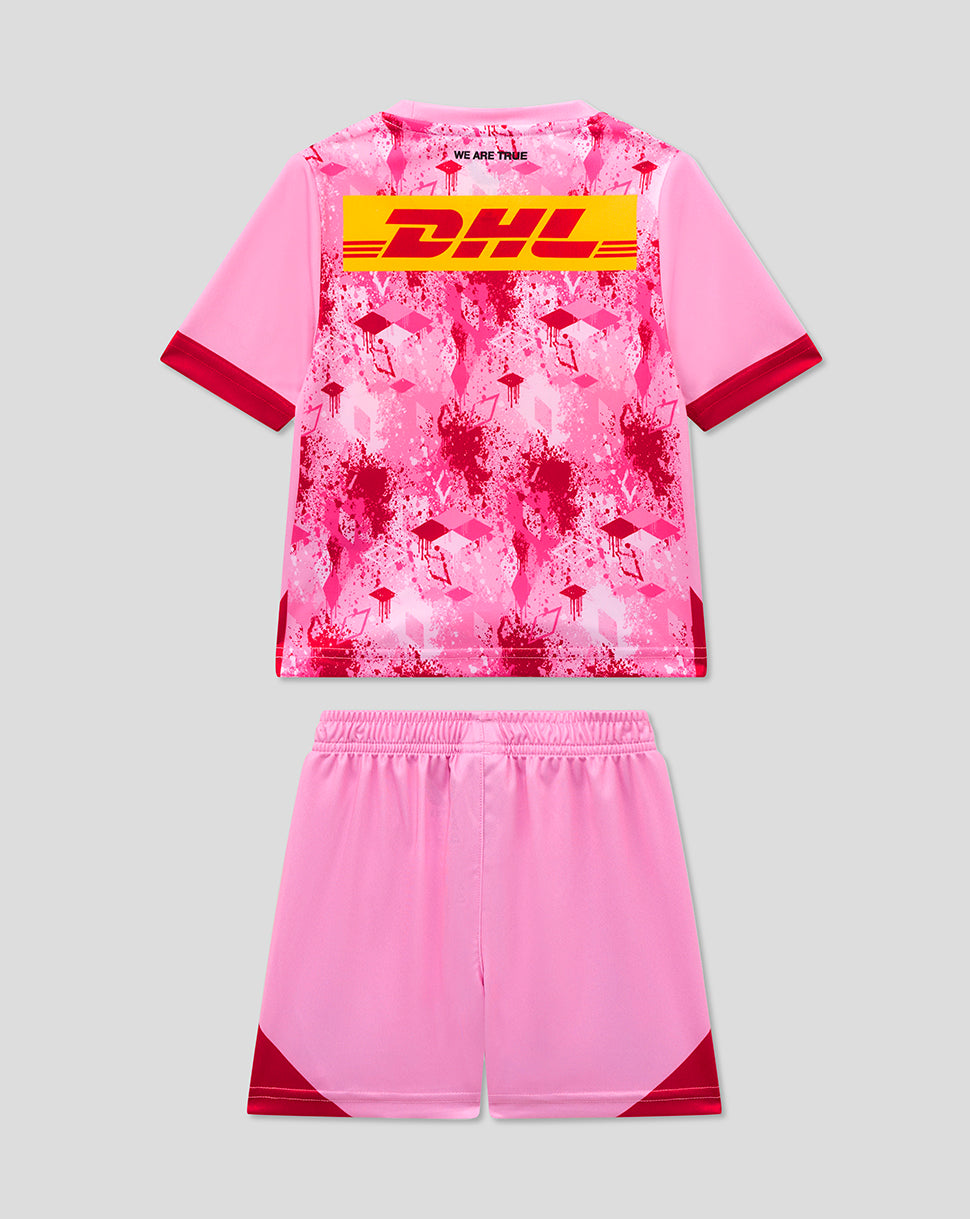 Back view of Harlequins Infant Away Kit in pink splatter print with matching shorts