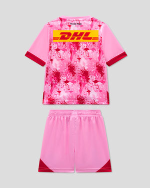 Back view of Harlequins Infant Away Kit in pink splatter print with matching shorts