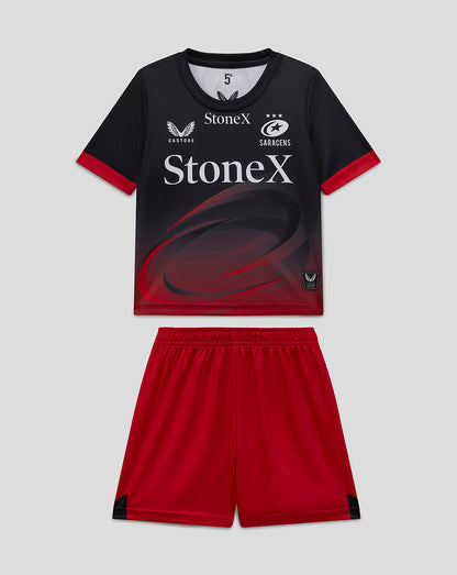 Infant Saracens home kit featuring a black shirt with red cuffs and matching red shorts with white sponsor logos.