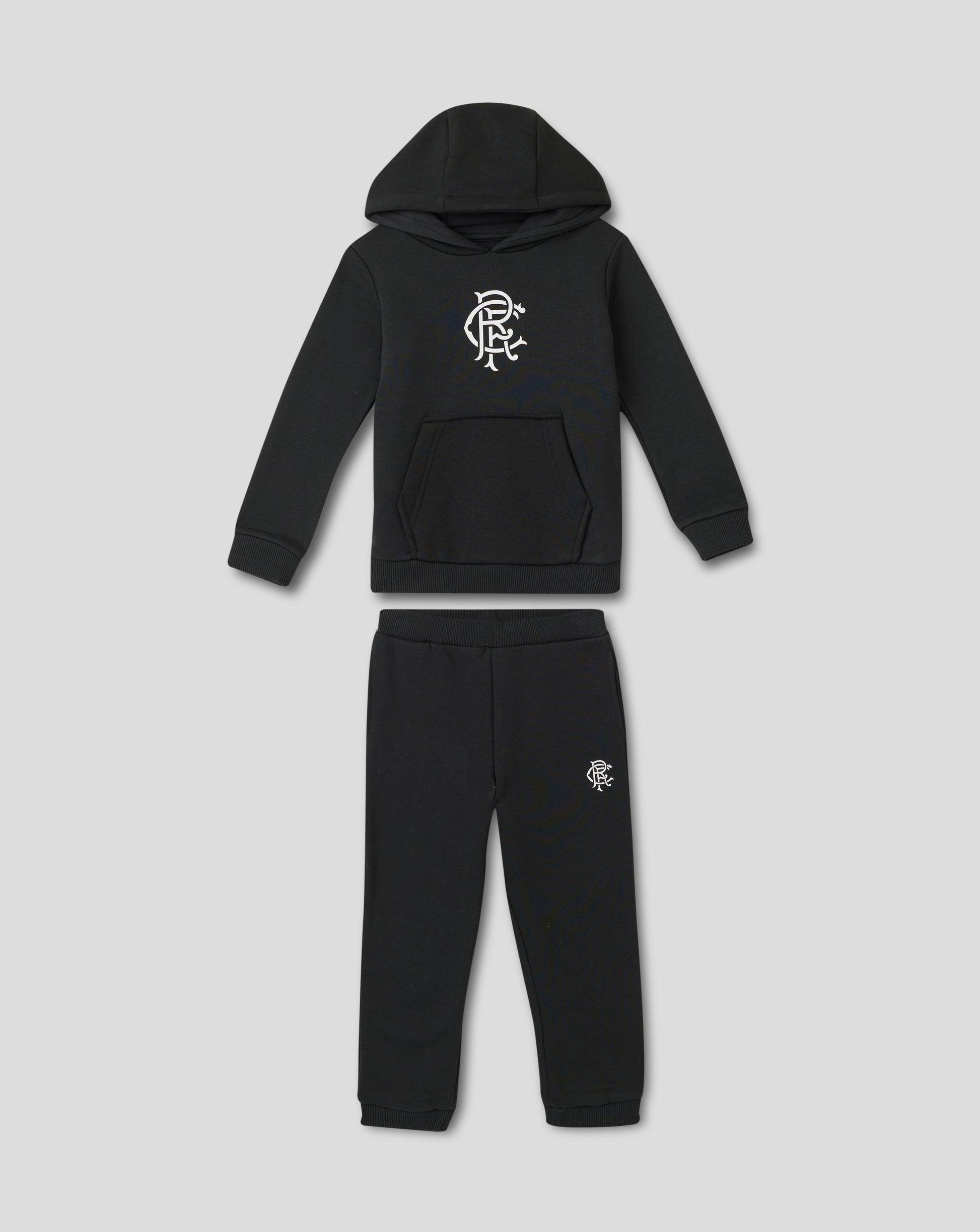 Rangers 25/26 Core Infant Sweat Set in black with white crest on the hoodie and crest on the pants