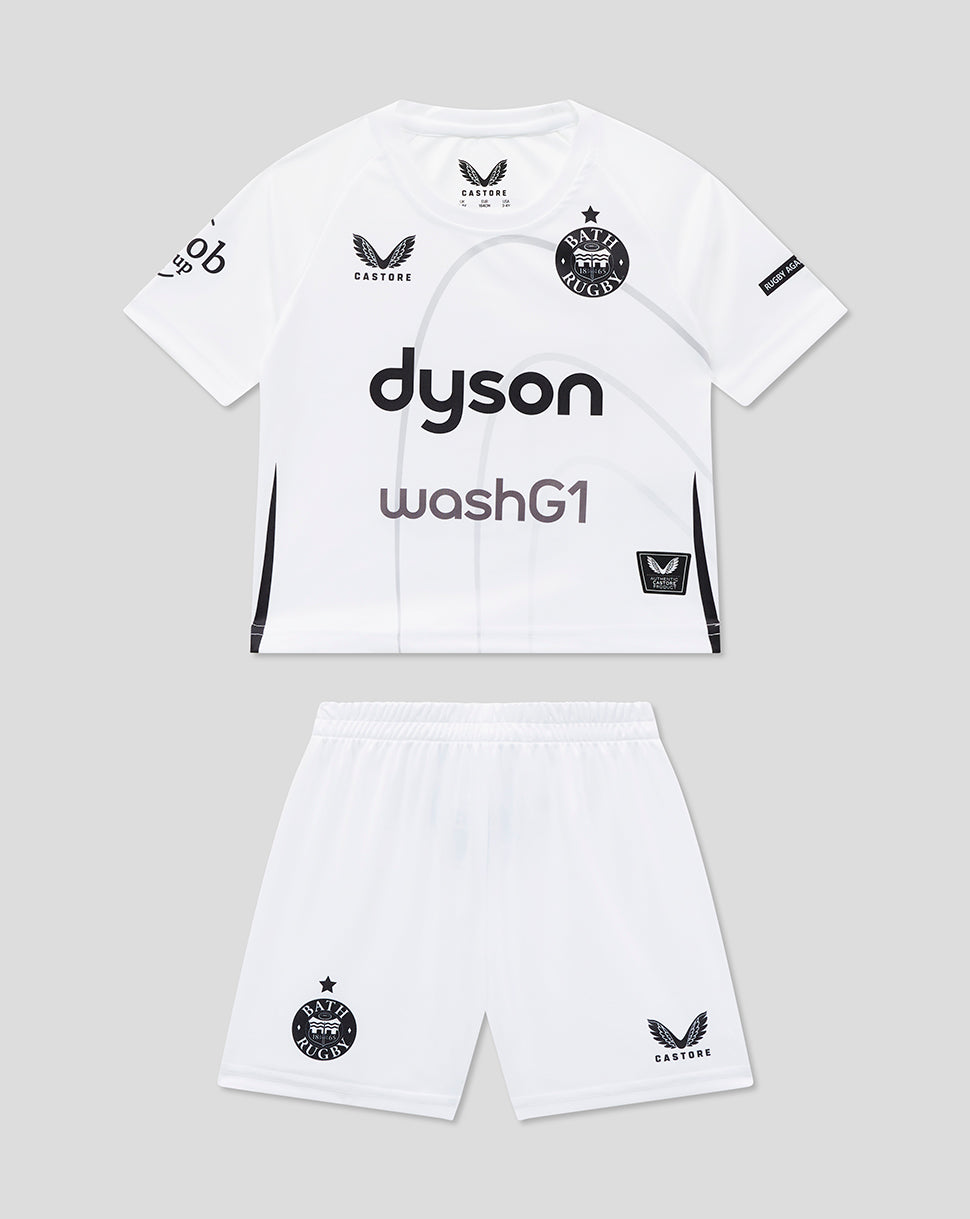 Bath Rugby infant away kit set featuring white jersey with Dyson washG1 branding and matching shorts with Bath Rugby crest