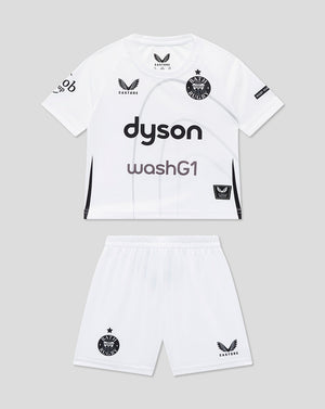Bath Rugby infant away kit set featuring white jersey with Dyson washG1 branding and matching shorts with Bath Rugby crest