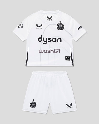 Bath Rugby infant away kit set featuring white jersey with Dyson washG1 branding and matching shorts with Bath Rugby crest