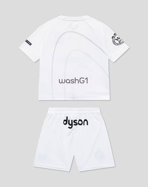 Back view of Bath Rugby infant away kit white shirt with subtle grey arc design and matching shorts with Dyson branding