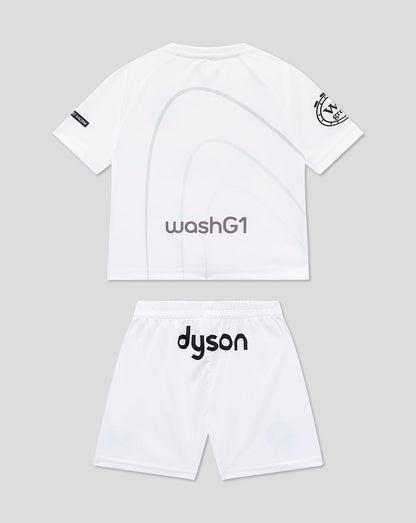 Back view of Bath Rugby infant away kit white shirt with subtle grey arc design and matching shorts with Dyson branding