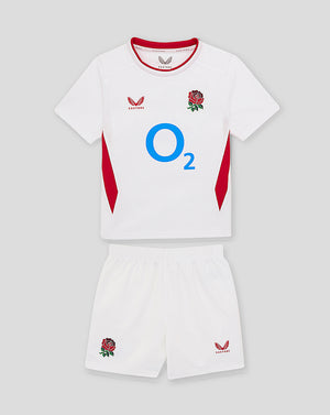 Infant white England Rugby 25/26 short sleeve home kit with rose crest and O2 logo, plus matching shorts.