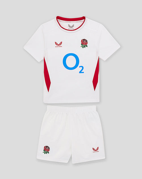 Infant white England Rugby 25/26 short sleeve home kit with rose crest and O2 logo, plus matching shorts.