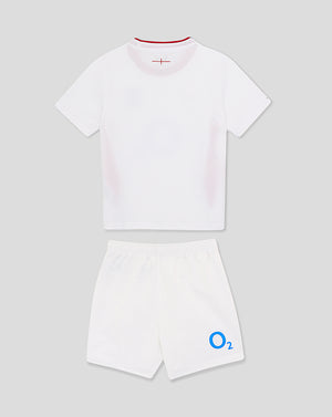 Infant white short sleeve rugby home kit top with red neck trim and matching white shorts with blue O2 logo